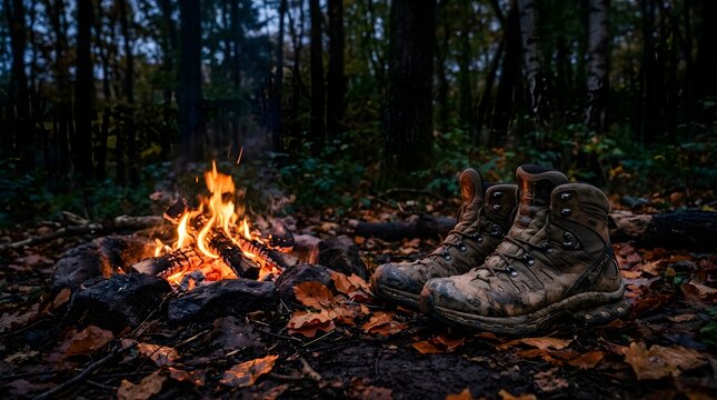 Hiking boots near a warm campfire in a dark autumn forest at night