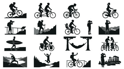 Obraz premium Outdoor hiking and biking activity icons set featuring adventures in nature and mountains.