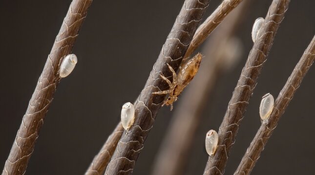 Head Lice Nits Infestation macro close up of hair shafts with attached nit egg cases and adult louse, extreme microscopic dermatology entomology 