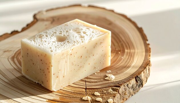 Natural handmade soap bar on wooden slice for organic skincare, spa branding, cosmetic packaging and wellness advertising