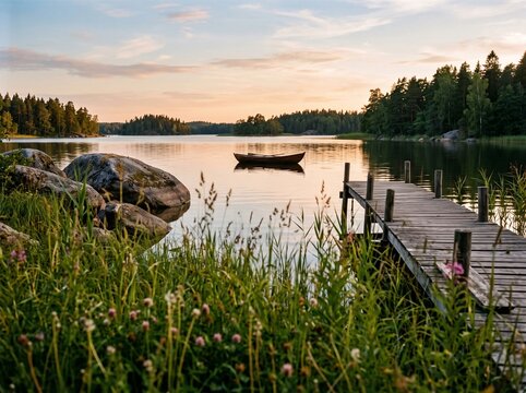Serene Nordic Landscape at Sunset Featuring a Lonely Wooden Rowing Boat Floating Near a Wooden Dock on a Calm Lake
