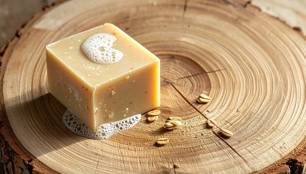 Natural handmade soap bar on wooden slice for organic skincare, spa branding, cosmetic packaging and wellness advertising