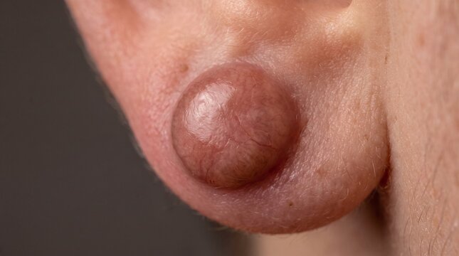 Keloid Scar Ear Piercing, extreme macro close up of earlobe with raised keloid scar growth, dermatology skin condition
