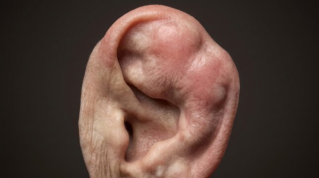 Cauliflower Ear Deformity, macro close up of severely deformed outer ear pinna showing traumatic auricular hematoma fibrosis and cartilage damage
