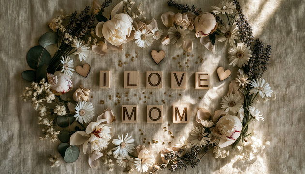 Handwritten 'I Love Mom' message carved into tree bark. Rustic heartfelt engraving on aged wood with natural texture and depth.