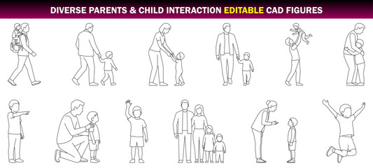 Obraz premium Diverse Parents and Child Interaction CAD Figures Parent Holding Child's Hand, Parent Lifting Child and Parent Hugging Child – CAD Block Set Side Elevation, Clean Thin Line Architectural Style