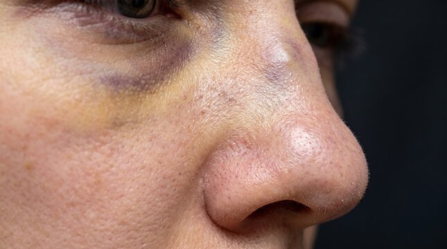 Broken nose deformity close up, post traumatic nasal fracture with bruising, swollen nasal dorsum