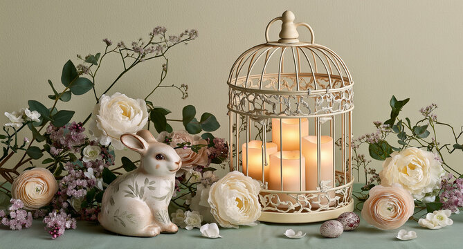 Vintage birdcage with glowing candlelight on rustic table. Antique wire cage holding warm light for cozy home decor.