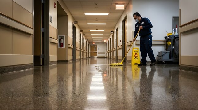 Professional janitor mopping a hospital hallway floor with warning sign