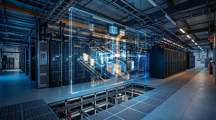 Fototapeta premium AI Generated Futuristic Data Center with Digital Twin Visualization and Enterprise Server Infrastructure for Cloud Computing Technology