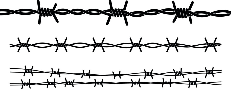 Barbed wire seamless brush pattern black silhouette vector illustration, border defense security fence graphic design