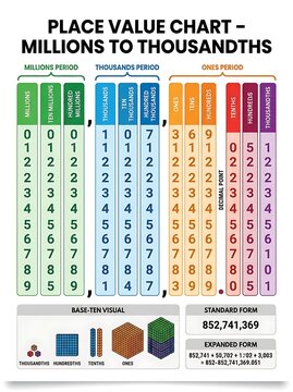 Educational place value chart with base ten blocks and decimals