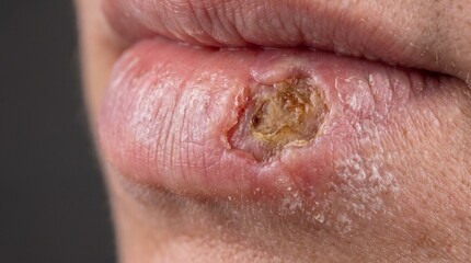 Fototapeta premium Lip cancer squamous cell carcinoma, malignant lower lip lesion with ulcerated vermillion border