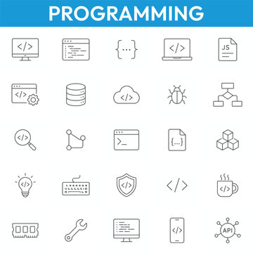 Programming Icons, Software Development Outline Icon Set, Programming Icons, Black and White Vector Collection