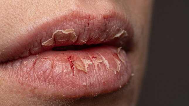 Chapped cracked lips extreme macro close up, severely dry peeling lips with deep fissures and slight bleeding