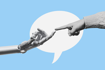 Fototapeta na wymiar White robot hand of a cyborg pointing a finger at a child - isolated on free blue background.