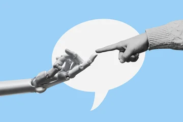 White robot hand of a cyborg pointing a finger at a child -  isolated on free blue background. © Igor Link