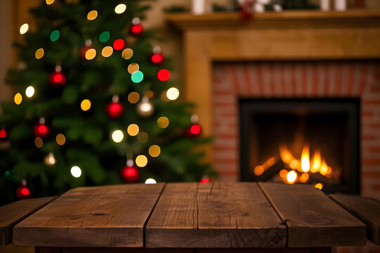 Rustic Wooden Table Surface with Blurred Christmas Tree and Warm Fireplace Background for Product Display, Festive Holiday Interior Scene with Bokeh Lights and Cozy Atmosphere