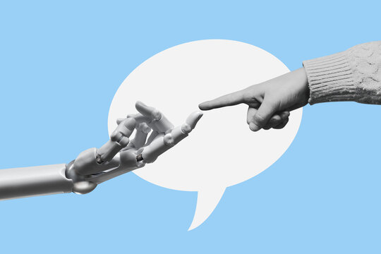 White robot hand of a cyborg pointing a finger at a child -  isolated on free blue background.