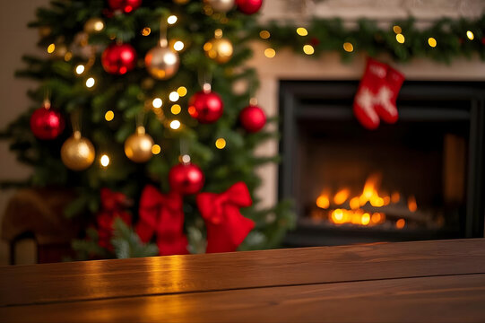 Empty Wooden Table Surface with Blurred Christmas Tree Background and Cozy Fireplace for Holiday Product Display, Festive Seasonal Interior Decor with Red and Gold Ornaments