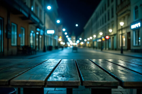 Empty wooden table surface in focus with blurred night city street background, perfect for product placement or display, moody urban atmosphere with glowing street lights in bokeh