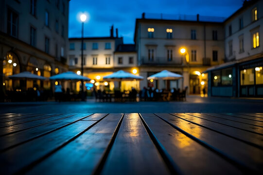 Beautiful Night View of an Outdoor European Cafe Terrace with Wooden Table Foreground, Warm Street Lighting, Blurred City Buildings, and Blue Hour Atmosphere for Travel and Lifestyle