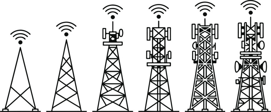 Cell phone network antenna and radio transmitter towers progress vector illustration