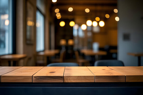 Empty Wooden Table Top Surface with Blurred Restaurant Interior Background for Product Display, Mockup Template for Food and Beverage Presentation in a Cozy Modern Cafe Setting