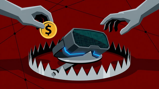 Virtual reality headset positioned on a lethal bear trap highlights the hidden costs of emerging technology investment.