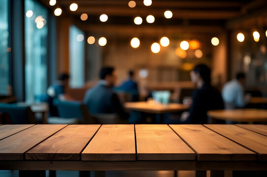 Empty rustic wooden table top in a cozy dimly lit restaurant with blurred background of people dining, perfect for product display, food presentation, and interior design mockups.