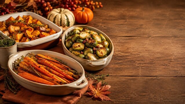 Thanksgiving roasted vegetables on rustic wooden table