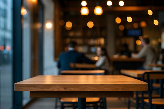 Empty Wooden Table in Modern Coffee Shop Cafe Restaurant Interior with Blurred People Background, Warm Lighting and Cozy Atmosphere for Product Placement or Food and Drink Menu Display