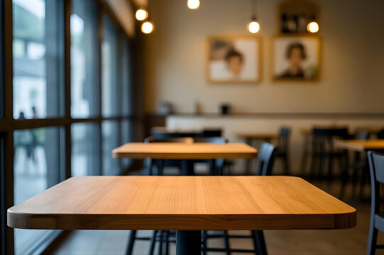 Empty Wooden Table in a Modern Cafe Interior with Soft Warm Lighting and Blurred Background, Perfect for Food Photography, Product Display, or Restaurant Mockup Presentation