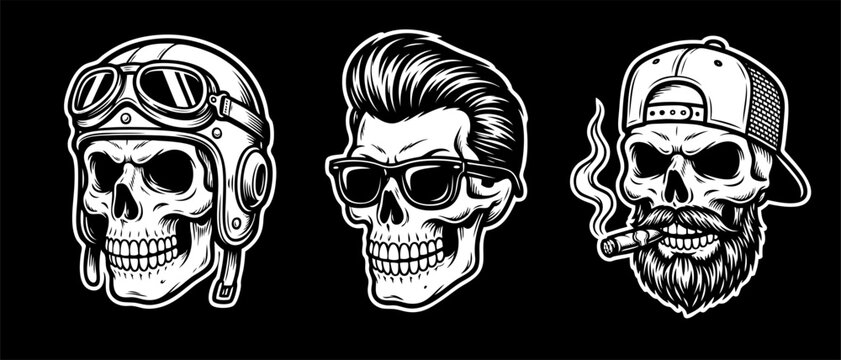 Three Illustrated Human Skulls Depicting Distinct Personas Including a Vintage Aviator, a Stylish Man With a Pompadour Hairstyle and Sunglasses, and a Bearded Figure Wearing a Baseball Cap While Smoki
