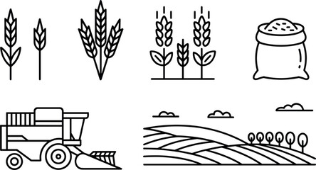 Wheat farming and agriculture line icon set vector illustration, combine harvester and rural landscape design fields