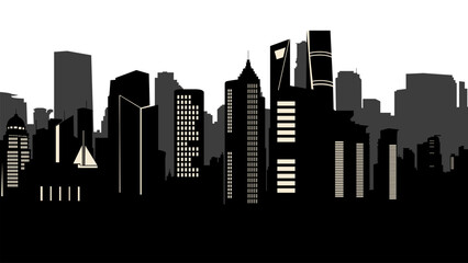 Obraz premium Minimalist black and grey city skyline silhouette with skyscrapers, isolated on a white background. Vector illustration.
