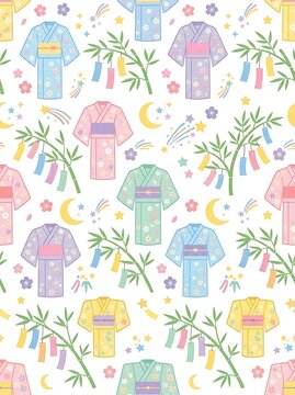 Pastel seamless pattern with japanese kimonos and bamboo festival decor