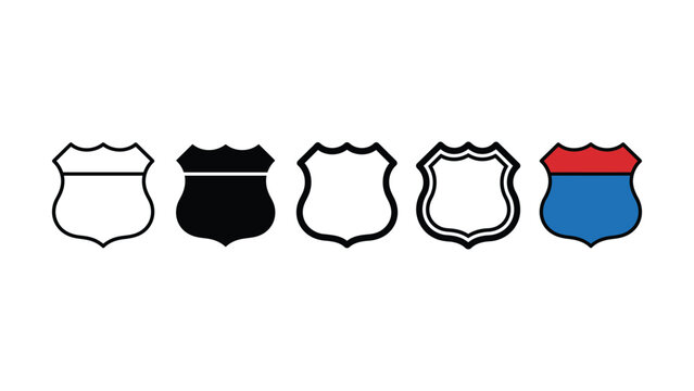 Set of five different road shield sign icons in various styles