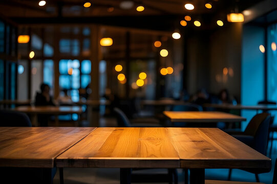 Empty Wooden Table in Modern Restaurant Interior with Warm Blurred Bokeh Lighting Background, Perfect for Food Presentation or Product Display in a Cozy Dining Atmosphere