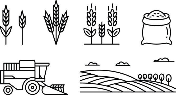 Wheat farming and agriculture line icon set vector illustration, combine harvester and rural landscape design fields