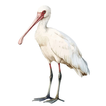 Spoonbill, vector clipart in watercolor with smooth gradients, isolated on a white background.