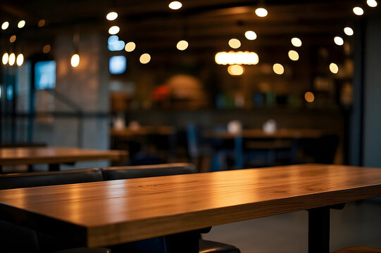 Empty Wooden Table in a Modern Restaurant Interior with Warm Blurred Bokeh Lighting Background, Perfect for Food and Drink Product Display or Menu Presentation Template Mockup