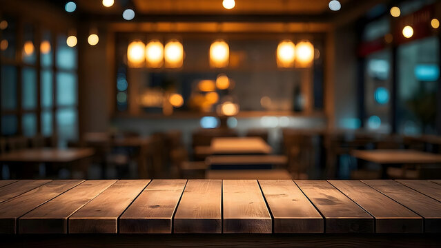 Rustic wooden table top with blurred restaurant background for food display, empty dark wood desk for product presentation, cozy cafe interior with warm bokeh lights