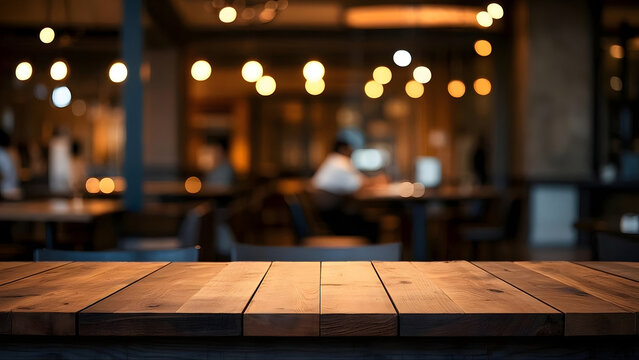 Empty Wooden Table Top in a Blurred Restaurant Cafe Background for Product Display or Food Presentation, Featuring Warm Ambient Lighting and Bokeh Atmosphere for Commercial Use
