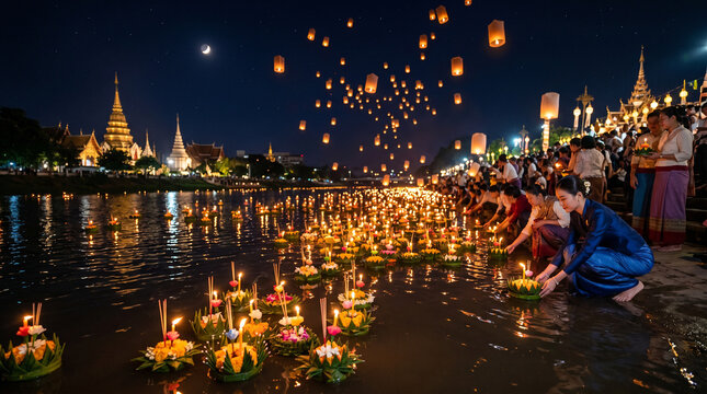 Festival de lanternes c&eacute;lestes et flottantes sur la rivi&egrave;re la nuit