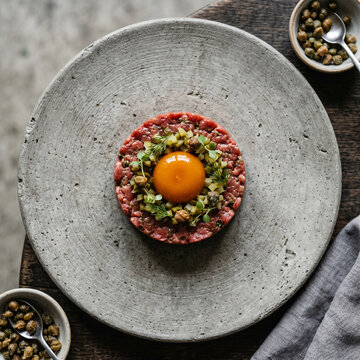 Tartare de b&oelig;uf gastronomique servi avec &oelig;uf et c&acirc;pres
