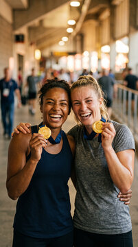 Deux athl&egrave;tes f&eacute;minines souriantes montrant leurs m&eacute;dailles d'or