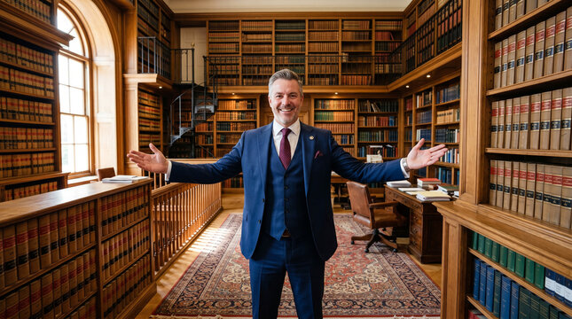 Avocat ou professeur souriant accueillant dans une ancienne biblioth&egrave;que