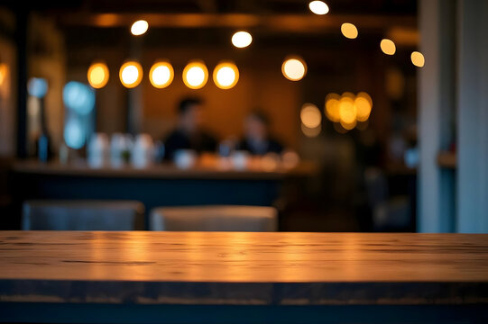 Empty Wooden Table Top in a Warmly Lit Restaurant with Blurred Background for Product Display, Food Presentation or Beverage Mockup, Cozy Interior Design Atmosphere, High Quality