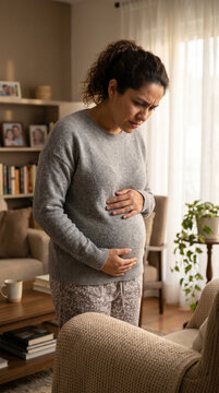 Femme enceinte souffrant de douleurs abdominales ou de contractions &agrave; la maison